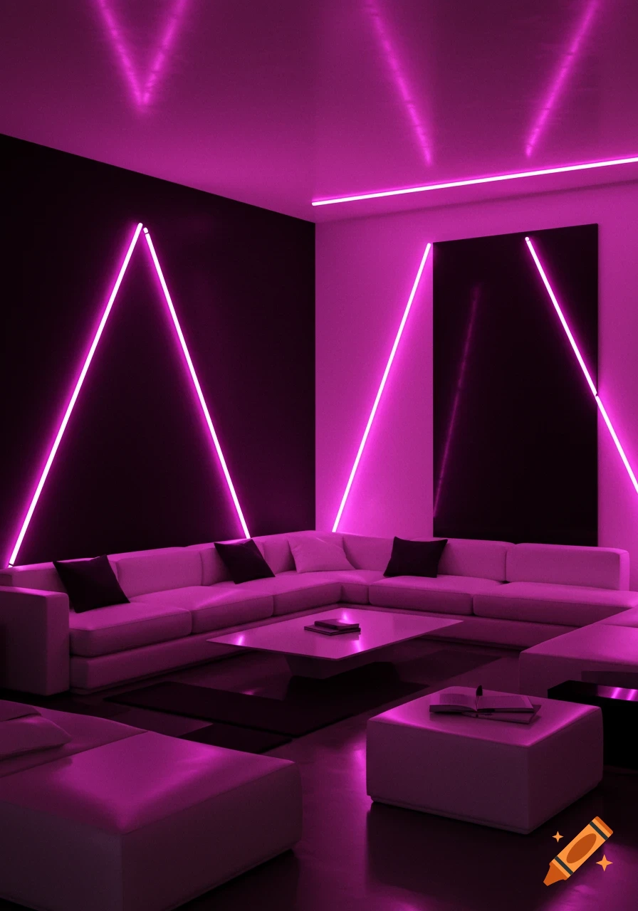 A modern room with an L-shaped sofa, coffee table, and ottomans, illuminated by bright neon pink lights forming geometric shapes on black and white walls.