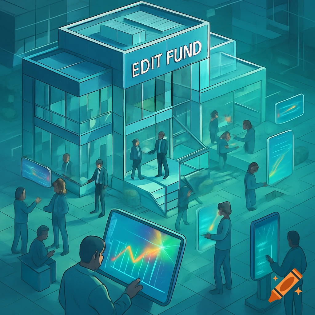 Isometric illustration of the "Edit Fund" building with people interacting and viewing financial data on glowing screens.