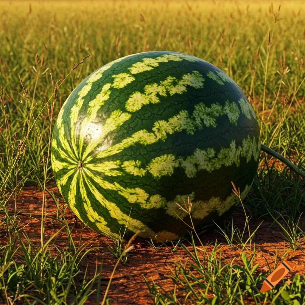 Photorealistic image of a large, striped watermelon resting on dry earth amidst green grass in a sunny field.
