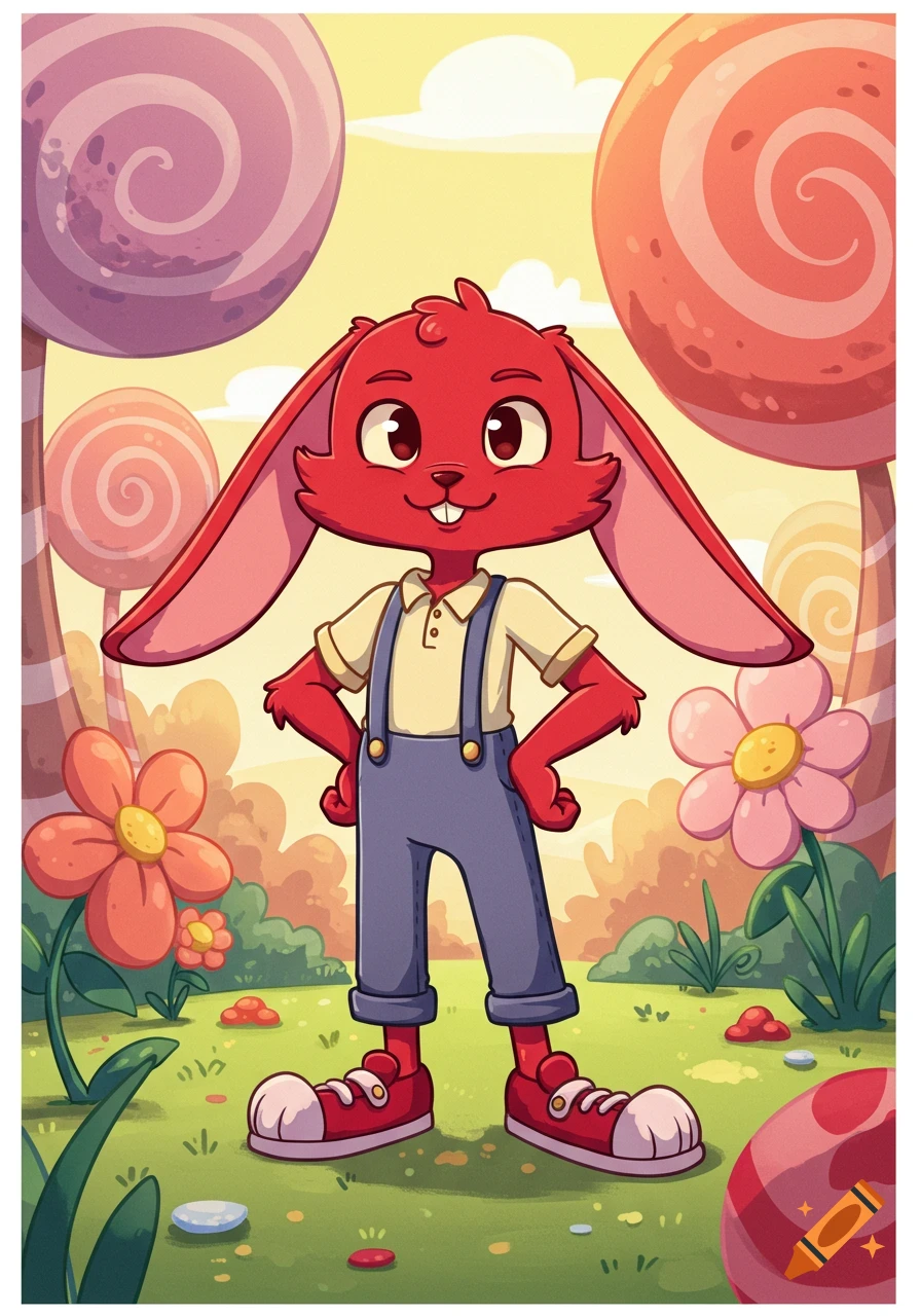 A smiling red humanoid rabbit in blue overalls stands with hands on hips in a vibrant cartoon landscape with giant lollipops and flowers.