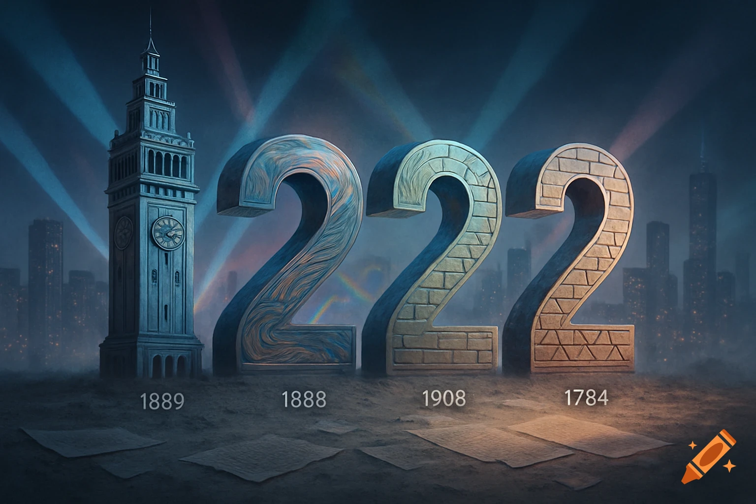 A stylized image of a clock tower next to large textured numbers '2222' with smaller dates '1889, 1888, 1908, 1784' below, set against a dark city skyline with searchlights.