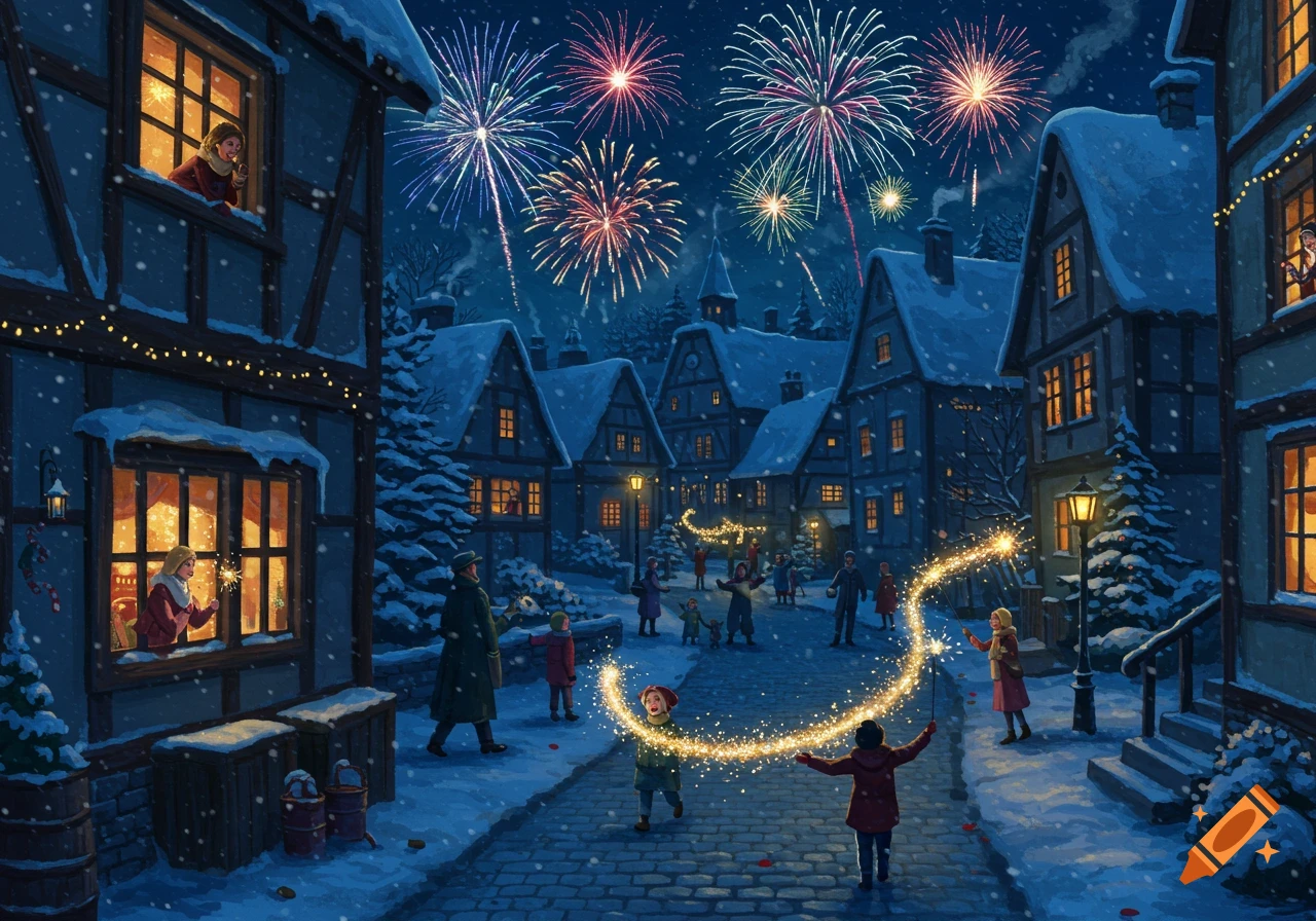 Illustration of a snowy village street at night, people celebrating with fireworks and sparklers, onlookers in windows.