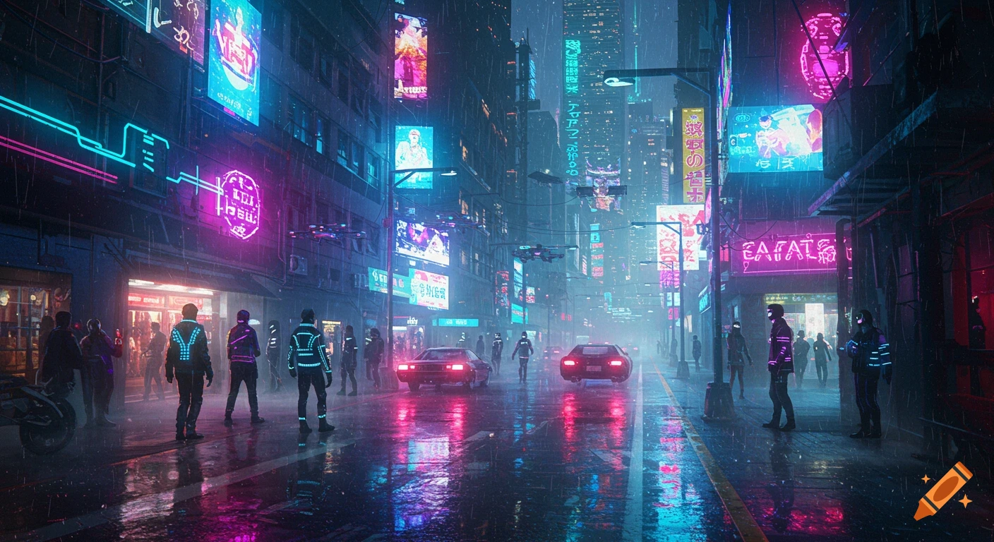 A rain-slicked cyberpunk street at night, illuminated by vibrant neon signs and reflections, with pedestrians and cars.