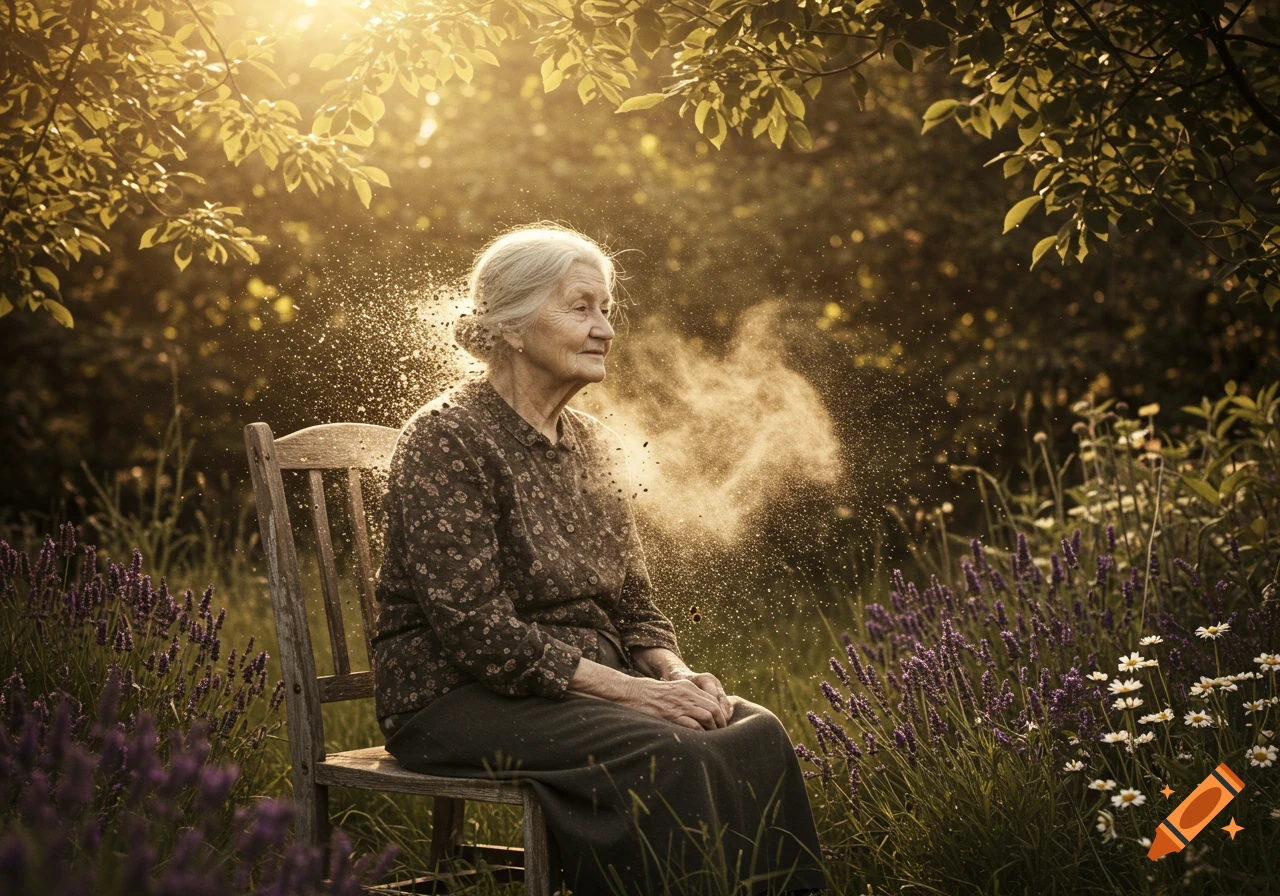 An elderly woman sits in a sunny garden with lavender flowers as dust particles float around her.