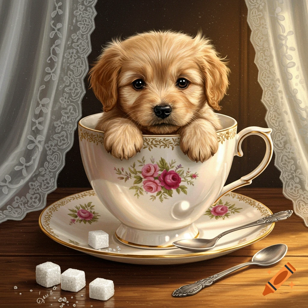 A fluffy golden retriever puppy looks out from a white teacup with pink roses, set on a wooden table with sugar cubes and spoons.