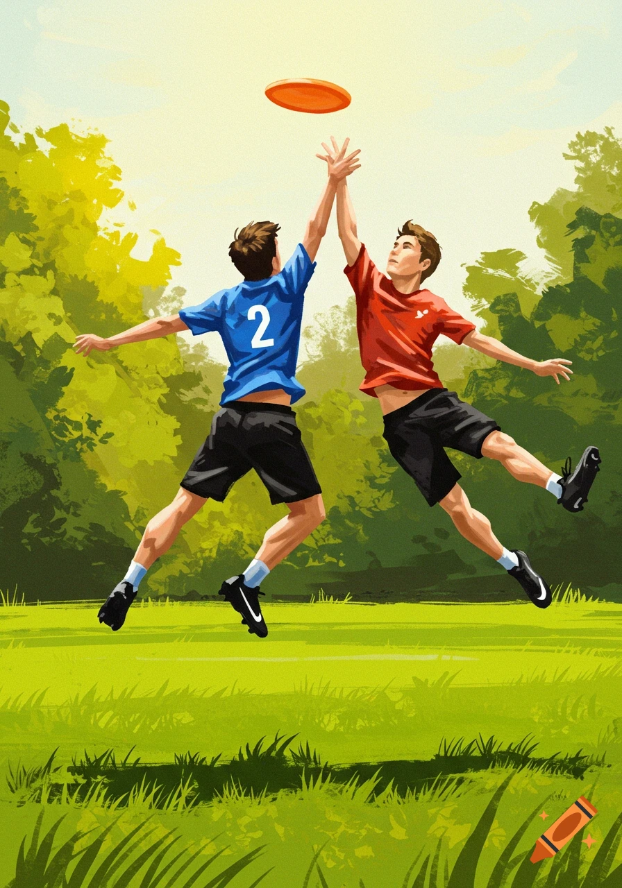 An illustration of two young men jumping to catch an orange frisbee in a green park.