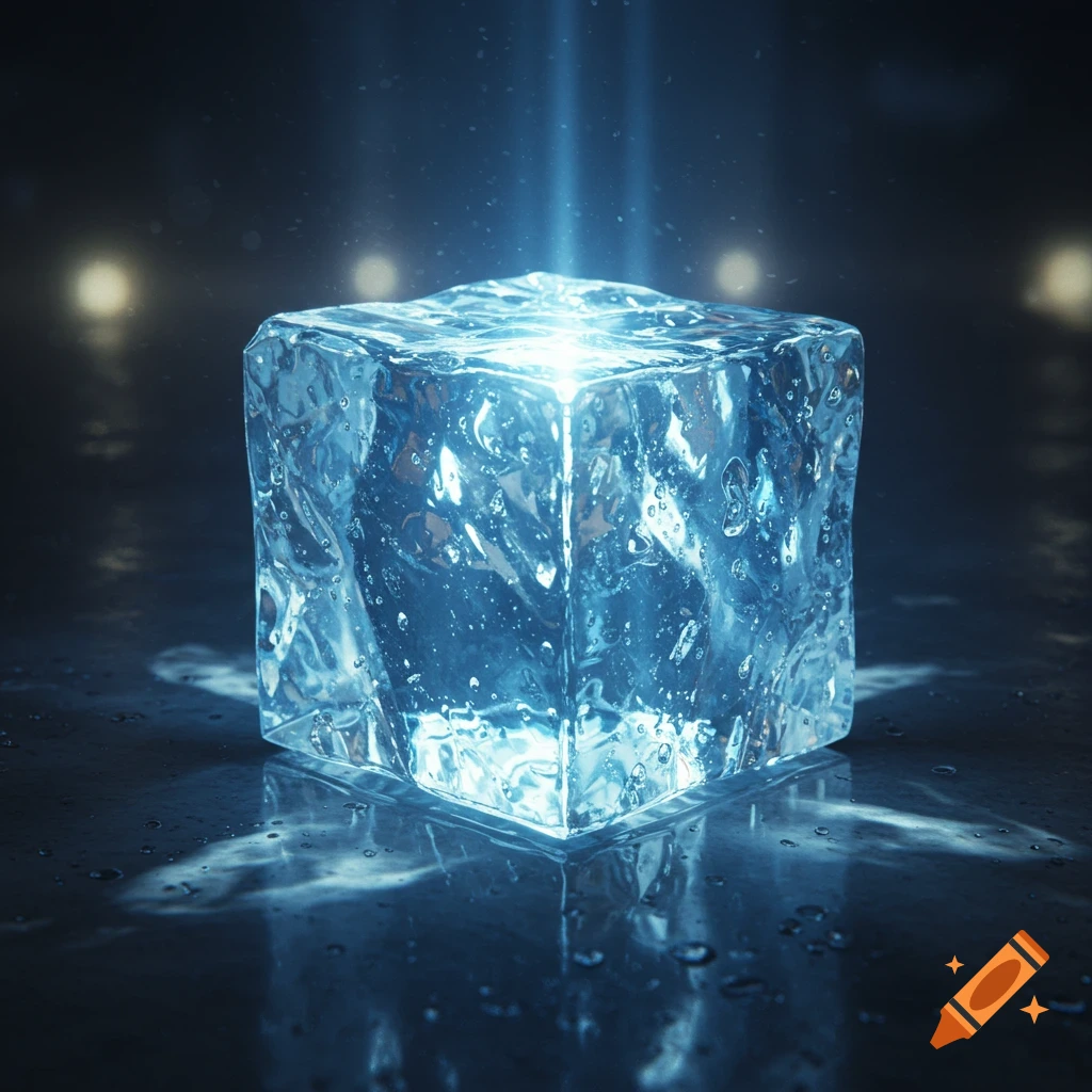 A glowing, photorealistic ice cube sits on a dark, wet surface with reflections, illuminated by bright blue light beams from above.