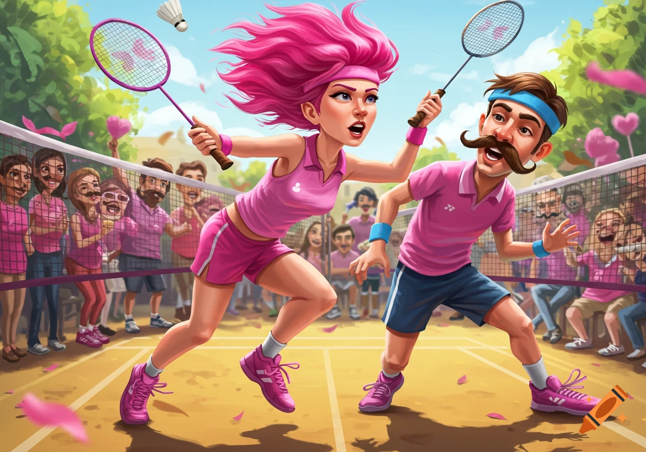 Cartoon man with mustache and woman with pink hair playing badminton in pink outfits, with a cheering crowd.