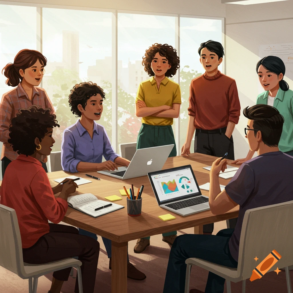A diverse group of people in an office meeting, looking at laptops displaying data charts. The scene is bright and collaborative.