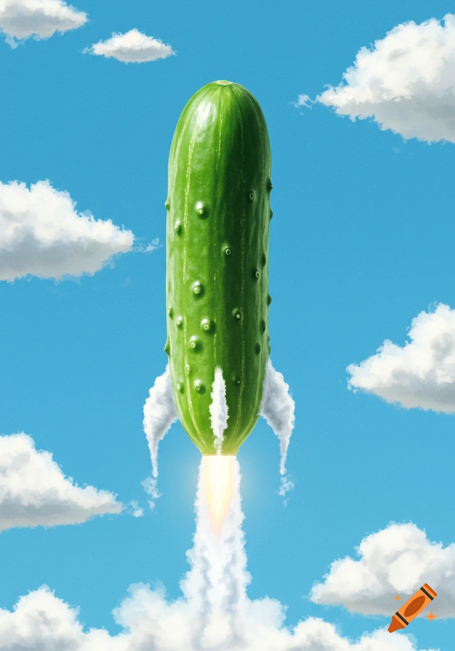 A green cucumber shaped like a rocket launches into a blue sky with white clouds, leaving a fiery trail.