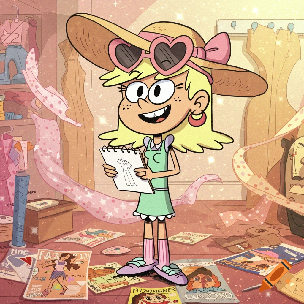 A cartoon character, Leni Loud, stands in a sparkly pink room filled with clothes and fashion magazines, holding a sketch of a dress.