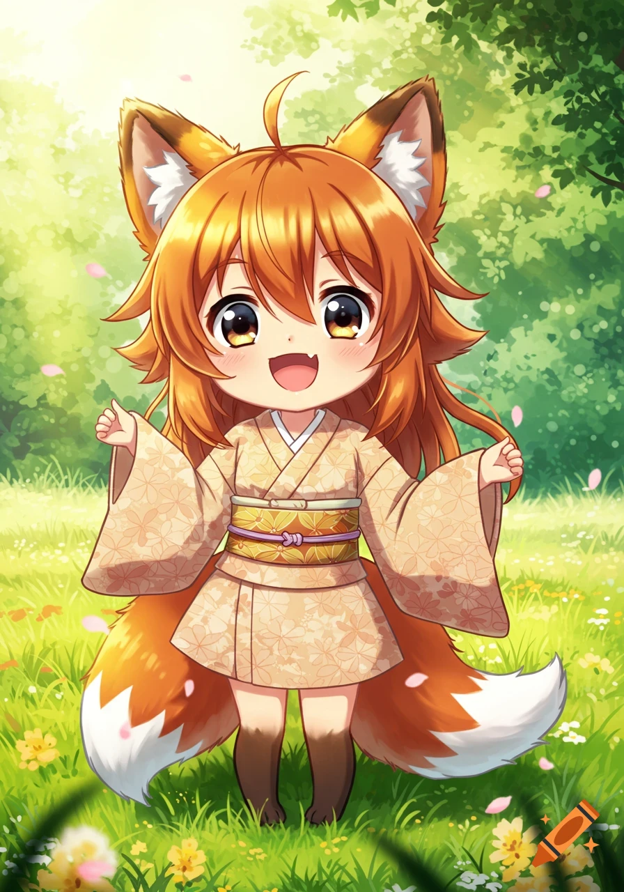 A cute chibi anime fox girl with orange hair and ears, wearing a light-colored kimono, stands smiling in a sunny green field.