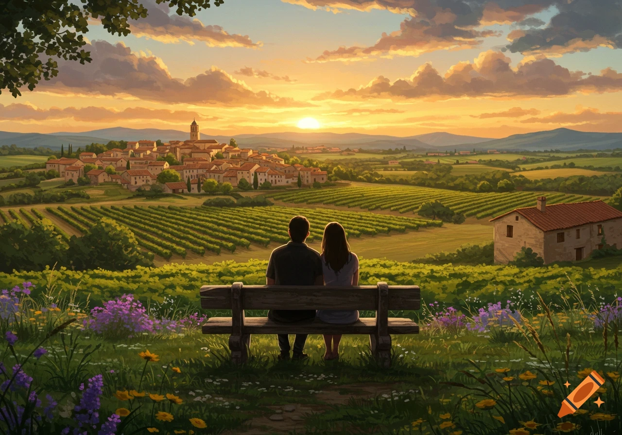 A couple sits on a bench, backs to viewer, overlooking a picturesque village, vineyards, and a vibrant sunset in a painterly style.