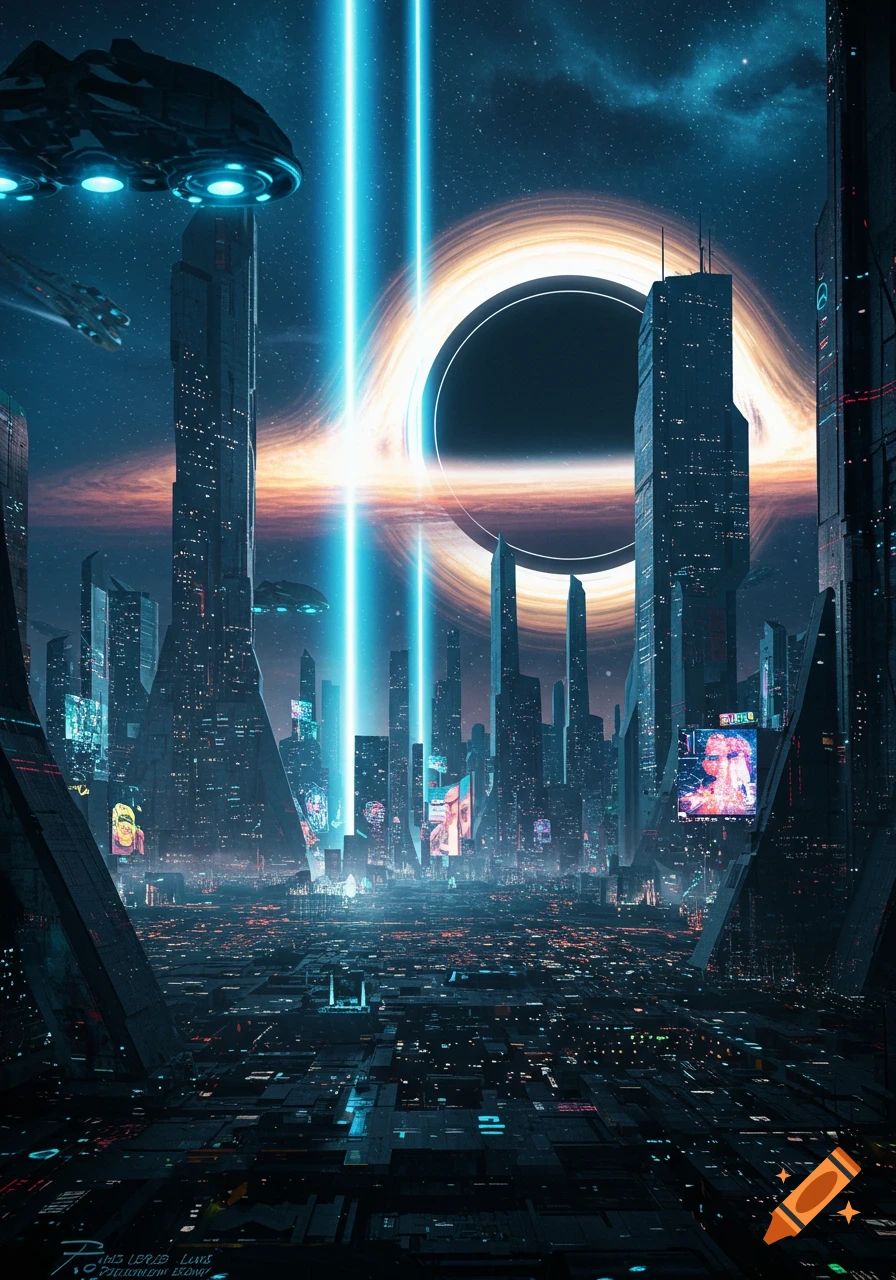 A neon-lit futuristic cityscape with towering skyscrapers, flying vehicles, and a giant black hole in the starry sky.