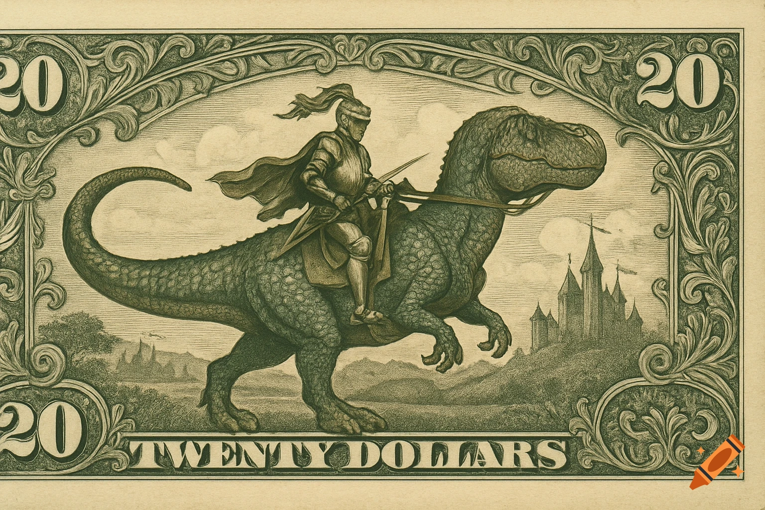 An engraved illustration of a knight riding a Tyrannosaurus Rex on a twenty-dollar bill, with a castle in the background.