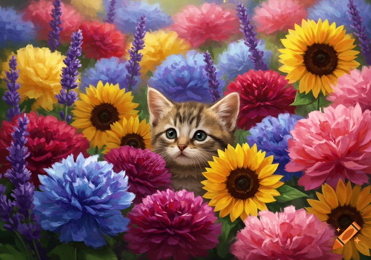 A cute tabby kitten peeks out from a dense field of colorful flowers including sunflowers, peonies, and lavender in a painterly style.