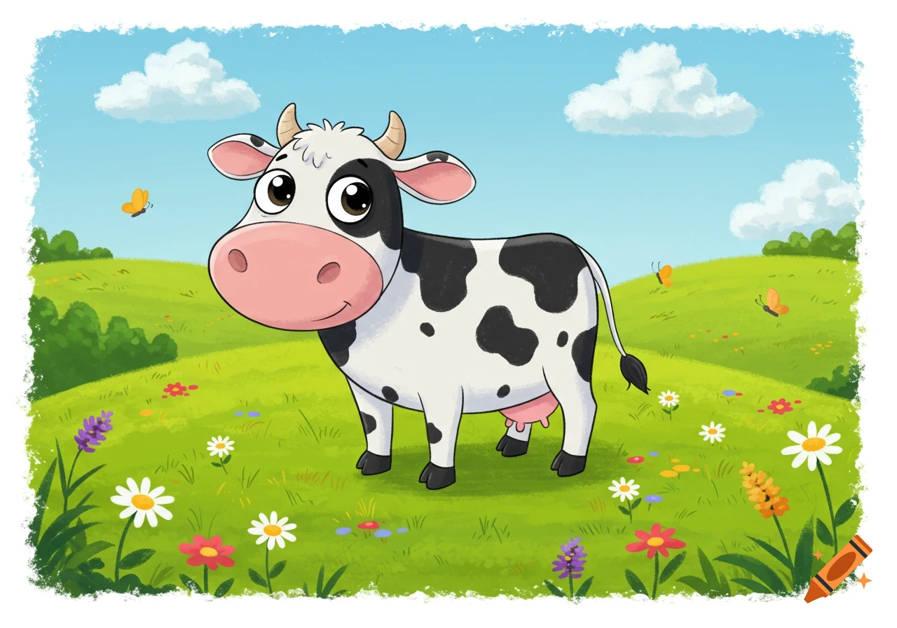 A cheerful cartoon cow with black spots stands in a green meadow with colorful flowers and butterflies under a blue sky.