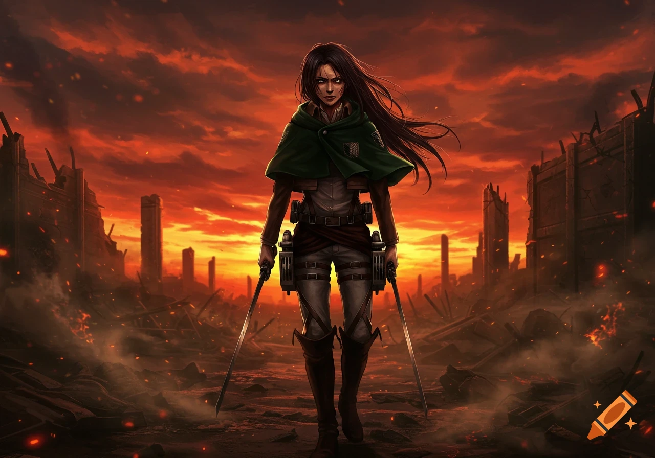 Dark-haired anime warrior in a green cape, holding swords, stands in a destroyed city under a fiery red and orange sky.