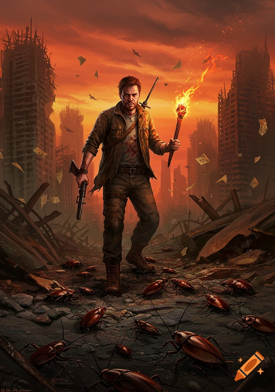 A determined man holds a rifle and flaming torch, surrounded by cockroaches in a destroyed city under an orange sky.