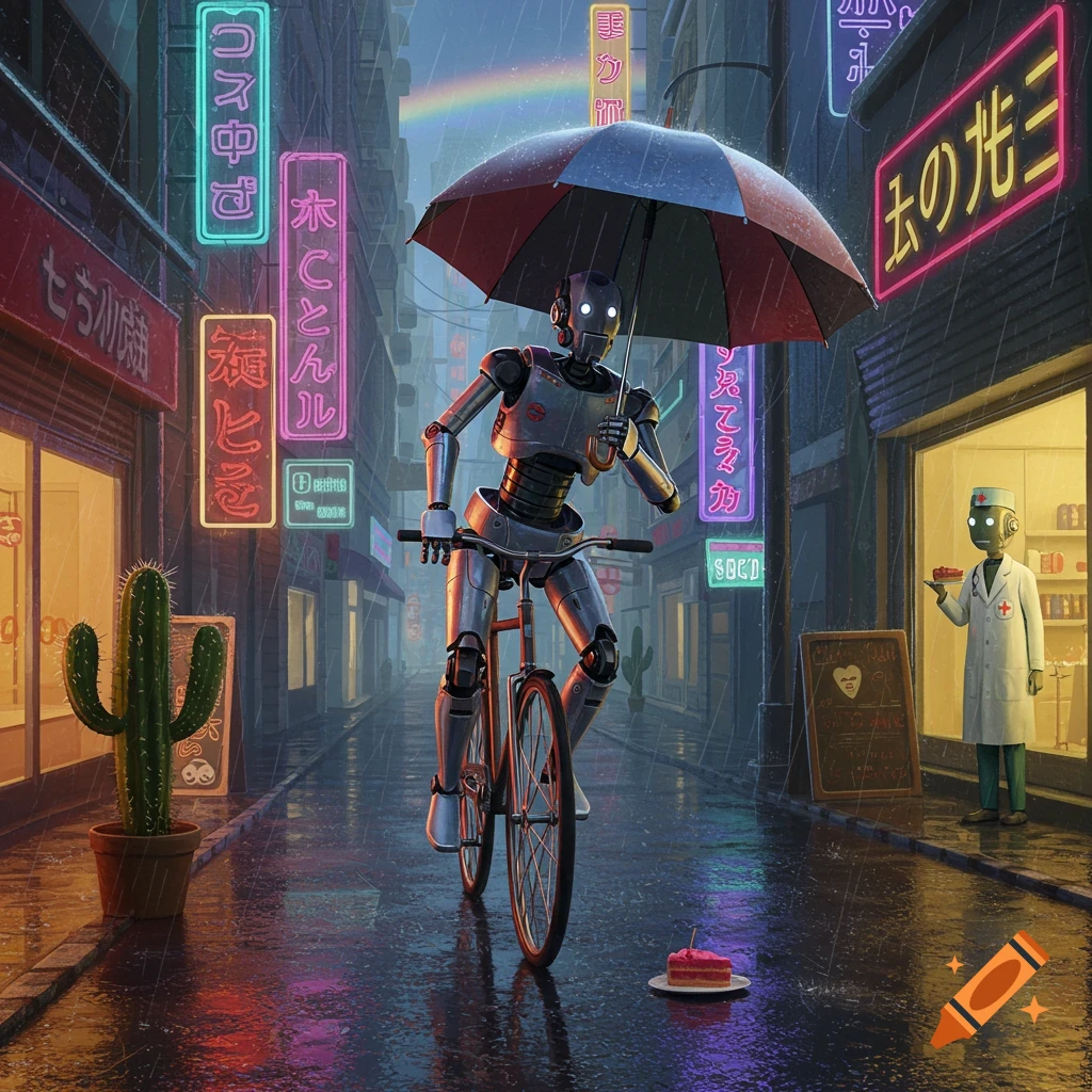 A robot on a bicycle holds an umbrella in a rainy, neon-lit city street, with a doctor robot holding cake nearby.
