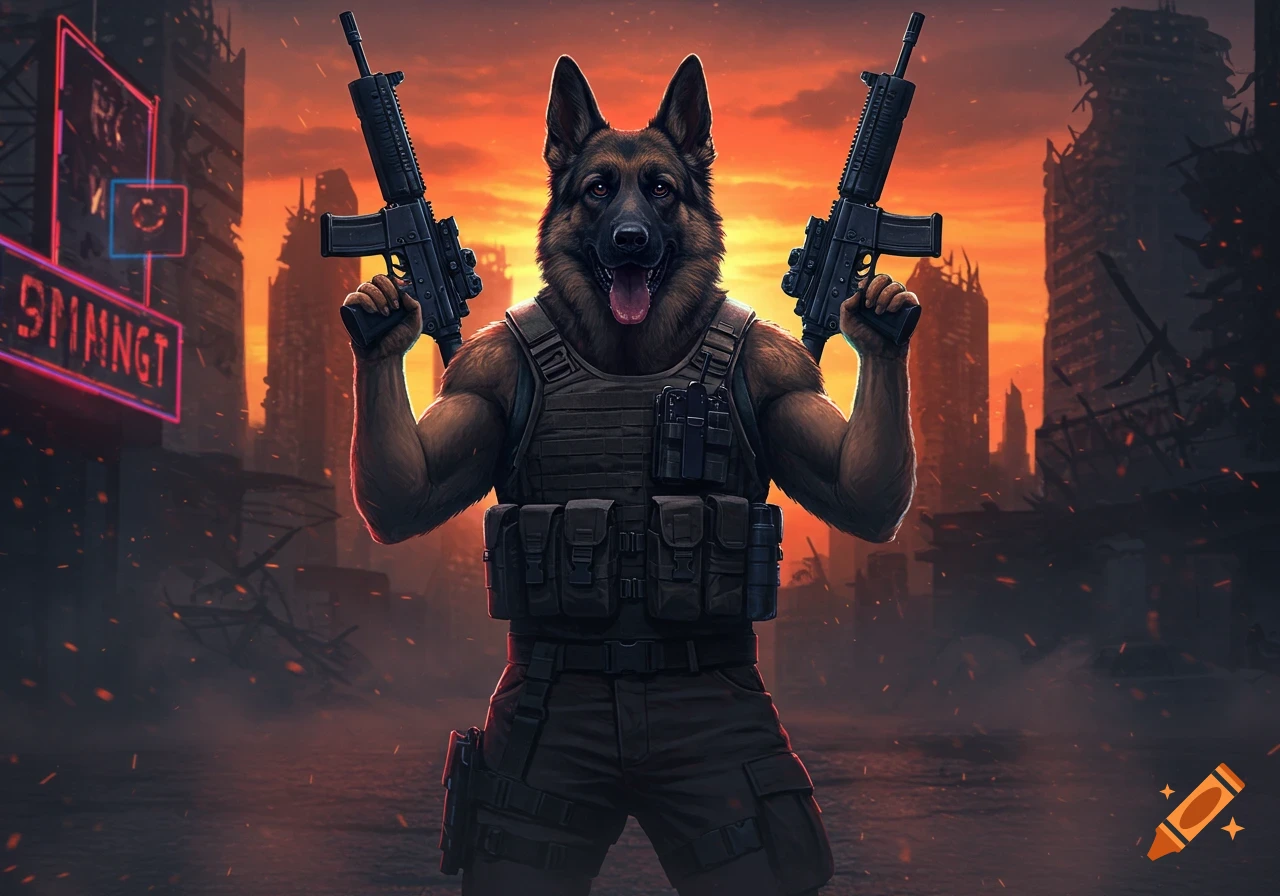 A muscular German Shepherd in tactical gear dual-wields two assault rifles in a ruined, fiery city at sunset, in a digital art style.
