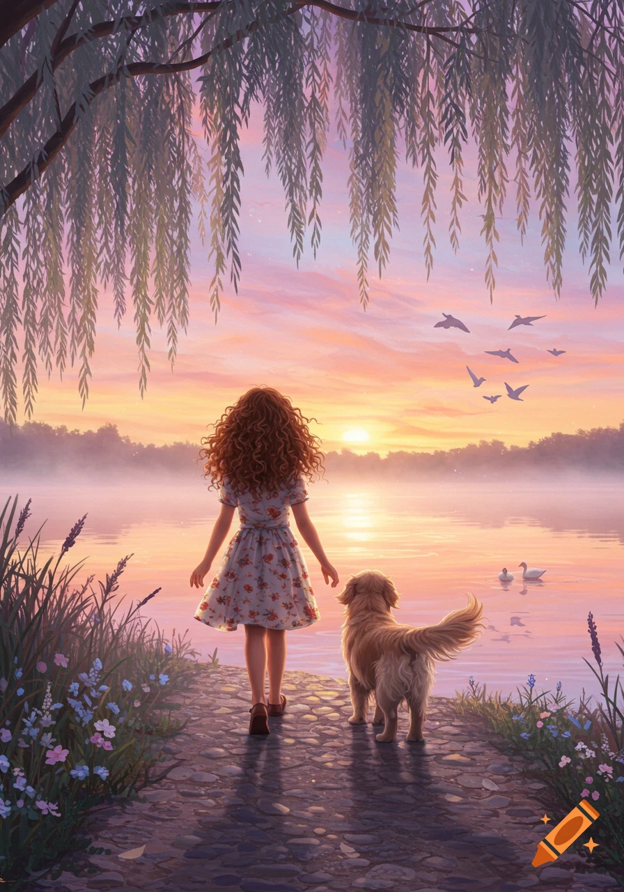 An illustrated girl and her golden retriever watch a colorful sunset over a misty lake, framed by a willow tree and wildflowers.