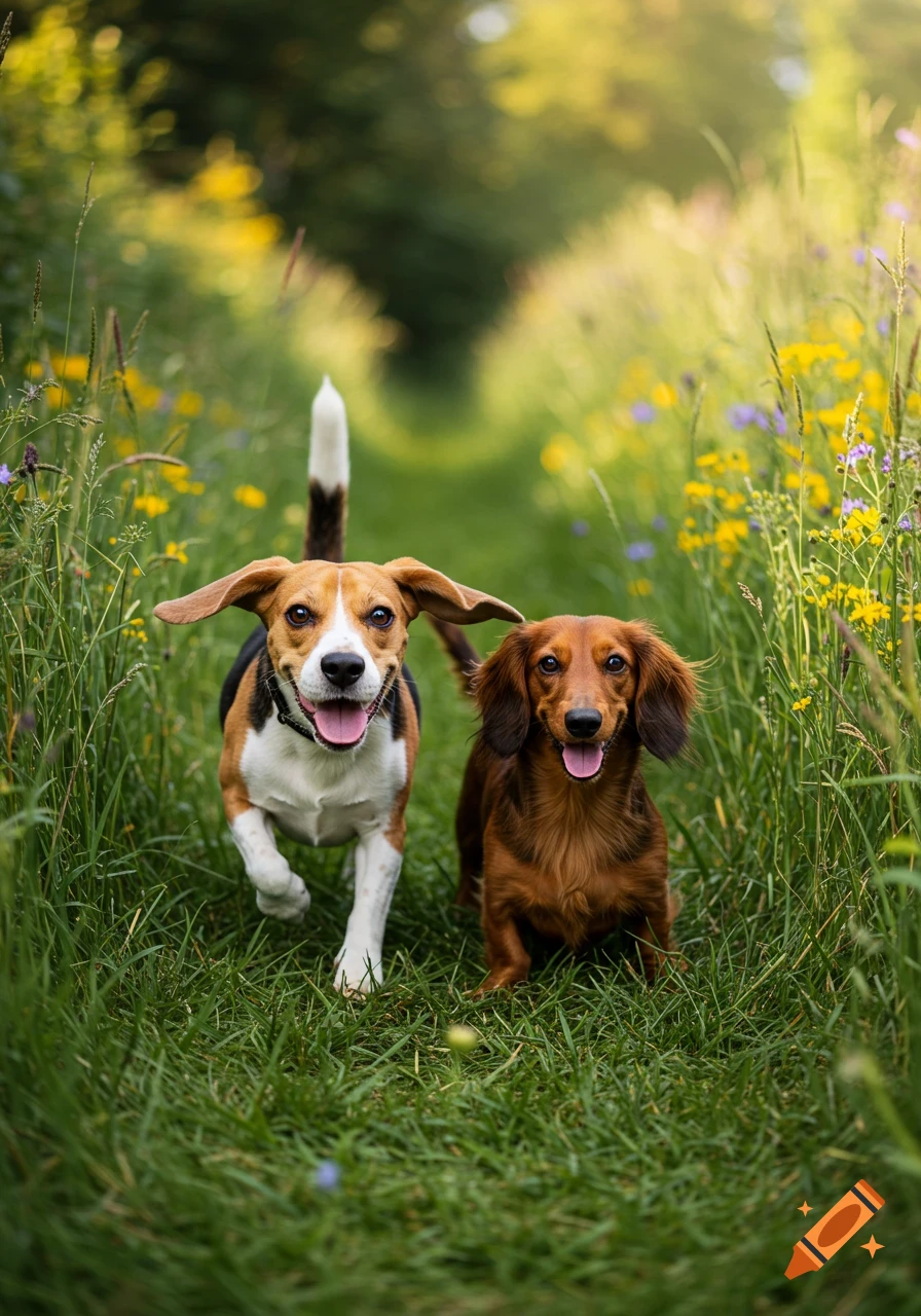 Two happy dogs, a Beagle and a Dachshund, running through a sunny, tall grassy field with wildflowers.