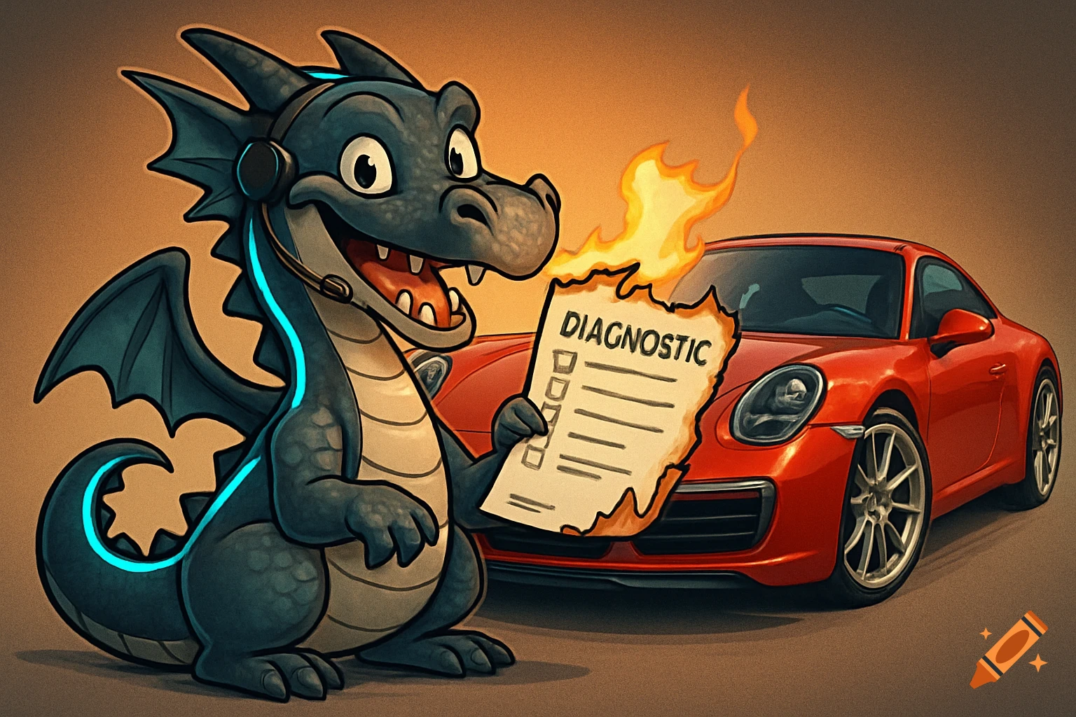 A friendly cartoon dragon with a headset holds a burning 'DIAGNOSTIC' report, standing in front of a red Porsche.
