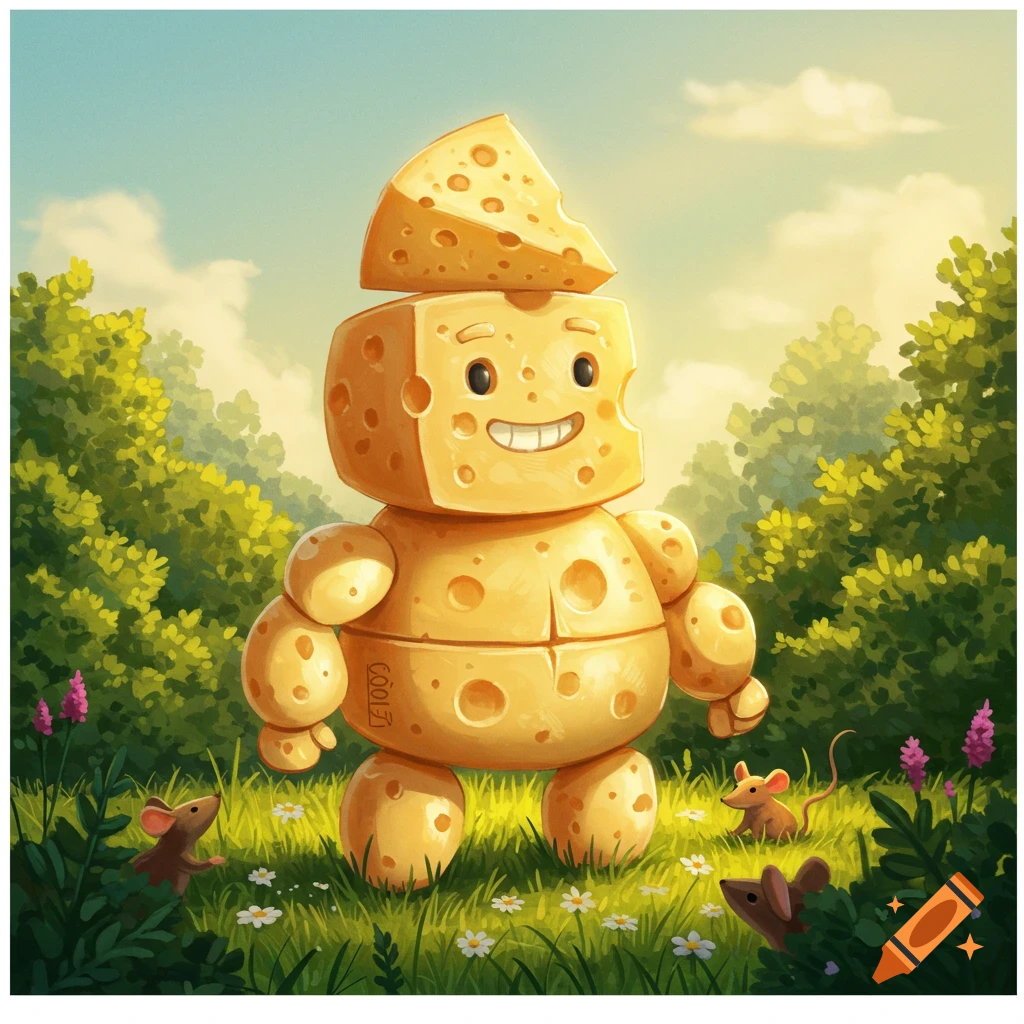 A cheerful, blocky cheese character with a cheese slice hat stands in a sunny, grassy field with small mice and green bushes.