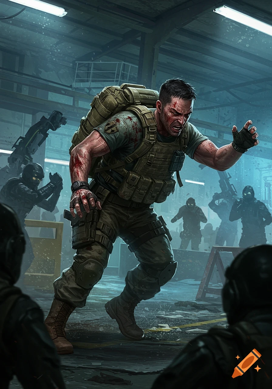 A bloodied soldier with a large backpack charges through a smoky, industrial area, surrounded by other armed figures in a dramatic, stylized action scene.