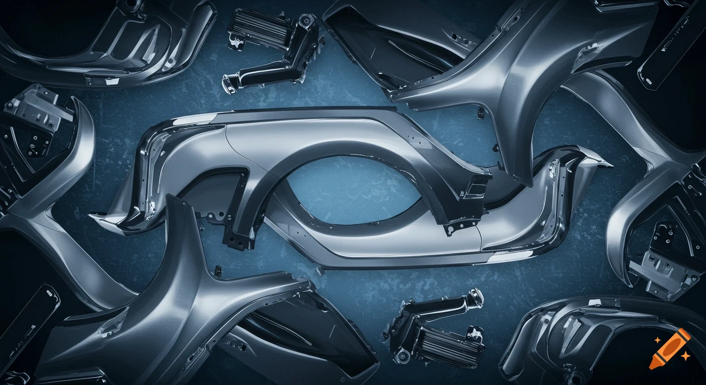 Top-down view of scattered silver metallic automotive body parts on a dark blue background.