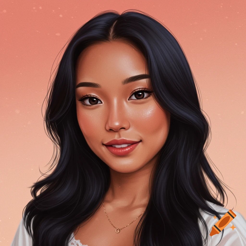 A digital art portrait of a young woman with long dark hair, smiling gently against a soft peach background.