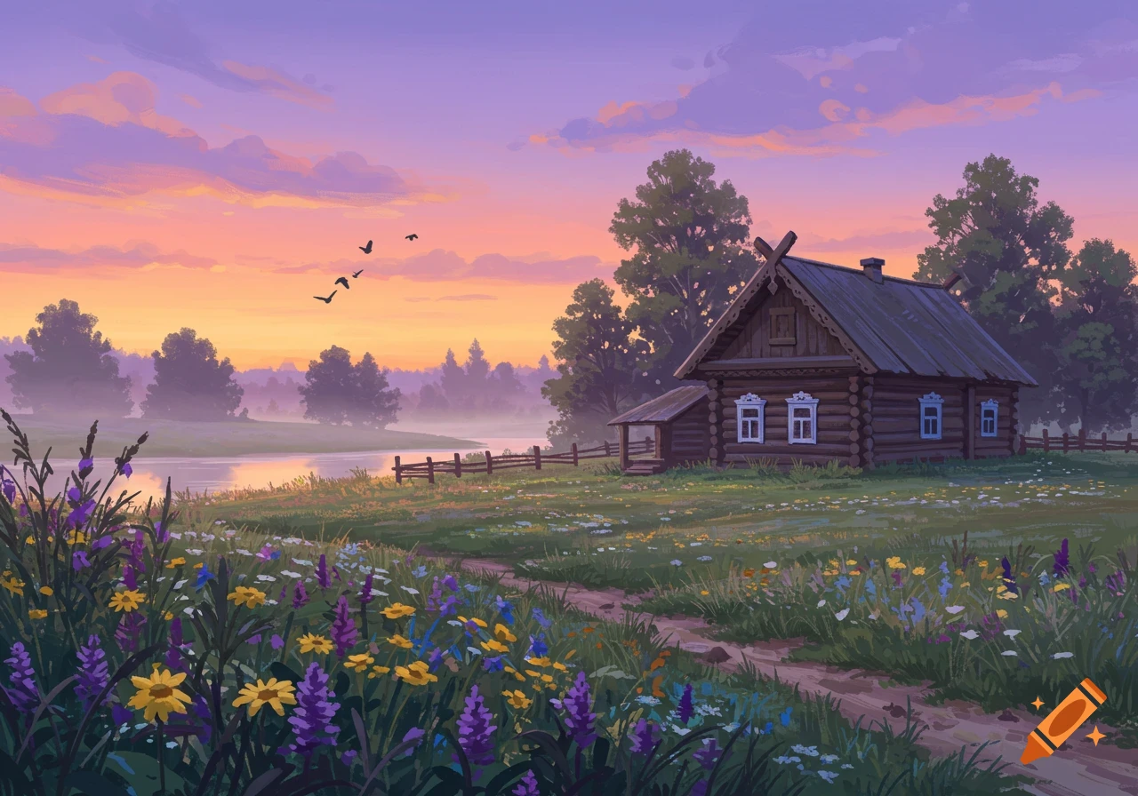 A vibrant, painterly landscape depicts a traditional wooden house by a tranquil river at sunset, surrounded by wildflowers and trees.