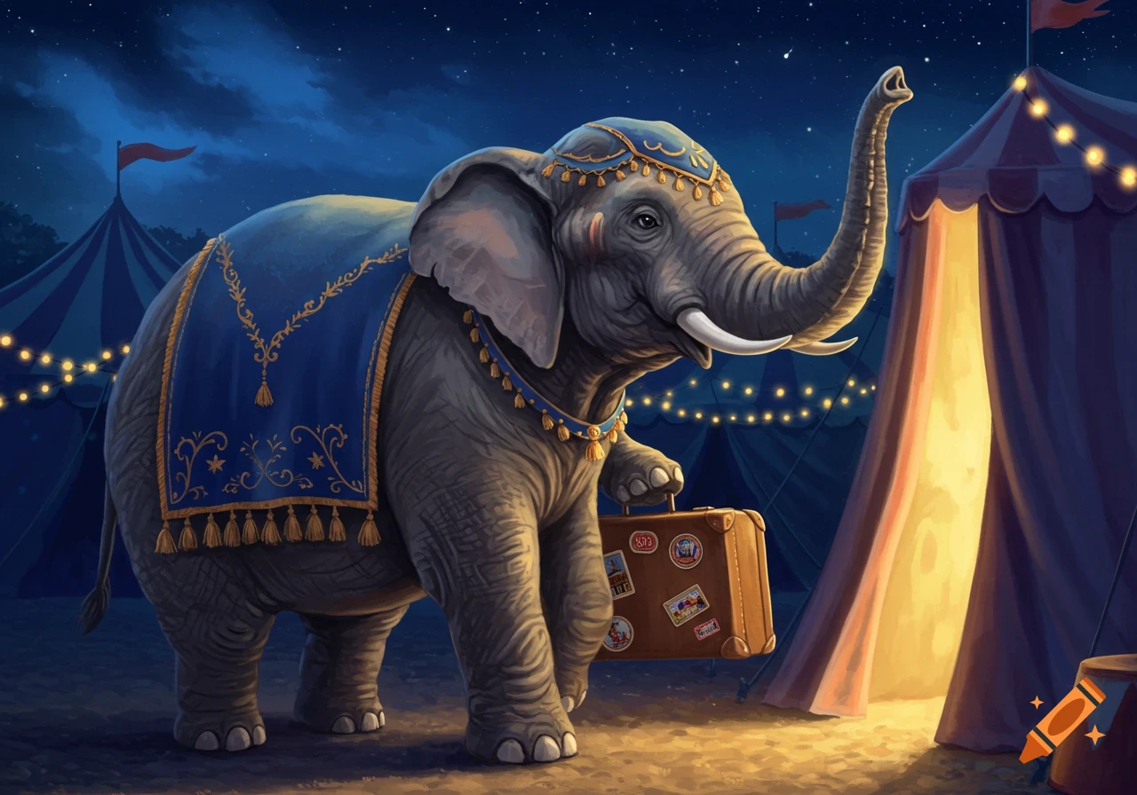 An elephant wearing a blue, gold-trimmed blanket holds a brown suitcase with stickers outside a glowing circus tent at night. Stylized.