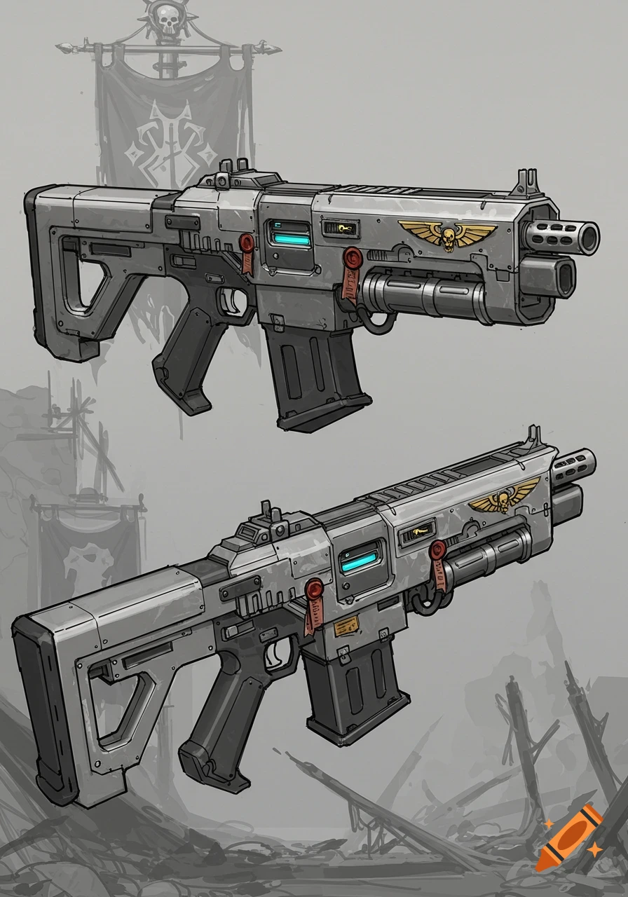 Concept art of two gray sci-fi assault rifles with gold and red accents, against a faded gray background with banners and debris.