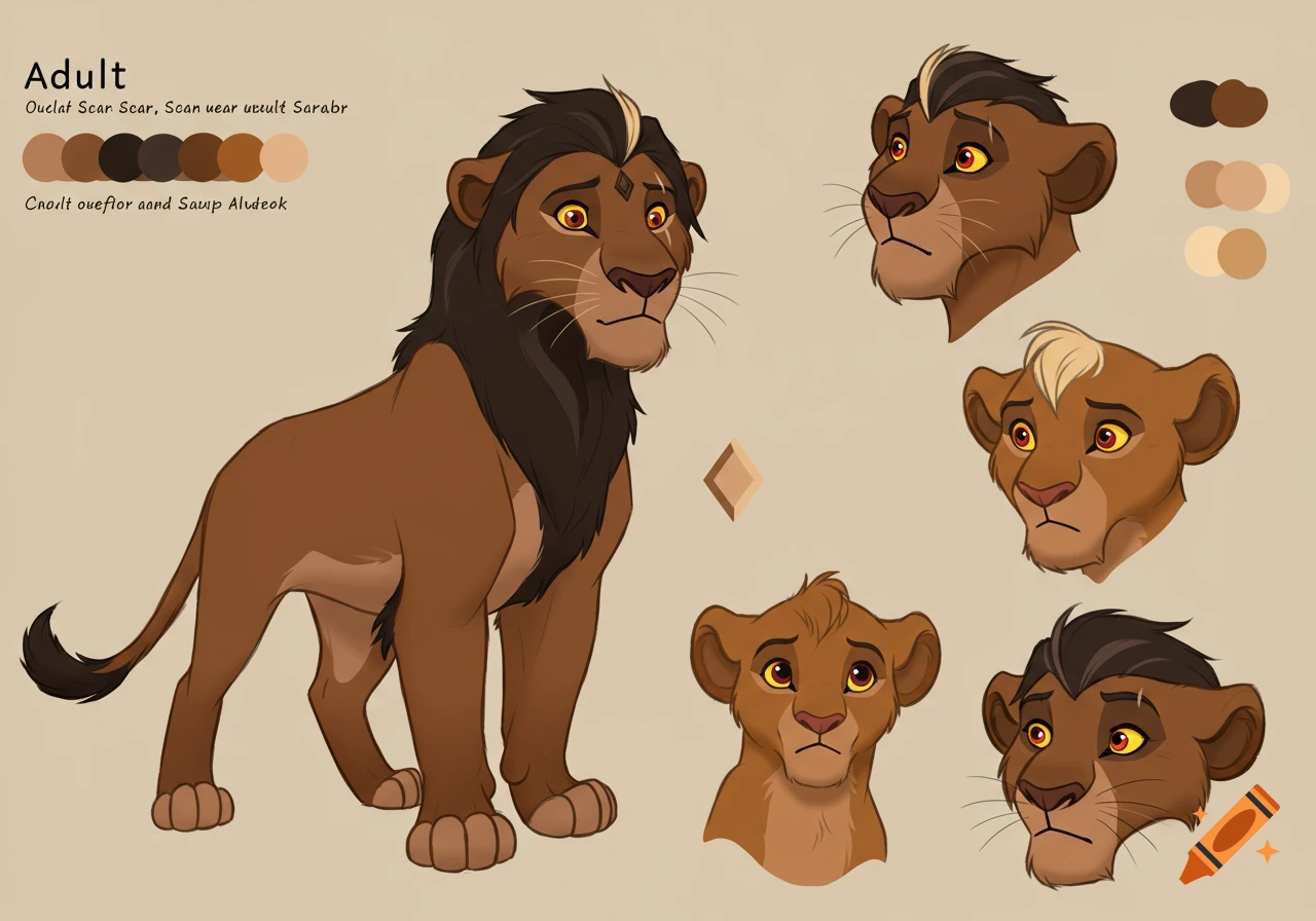 A character reference sheet in The Lion King cartoon style featuring a brown lion with a dark mane, golden eyes, and a diamond forehead marking, with multiple headshots and a color palette.