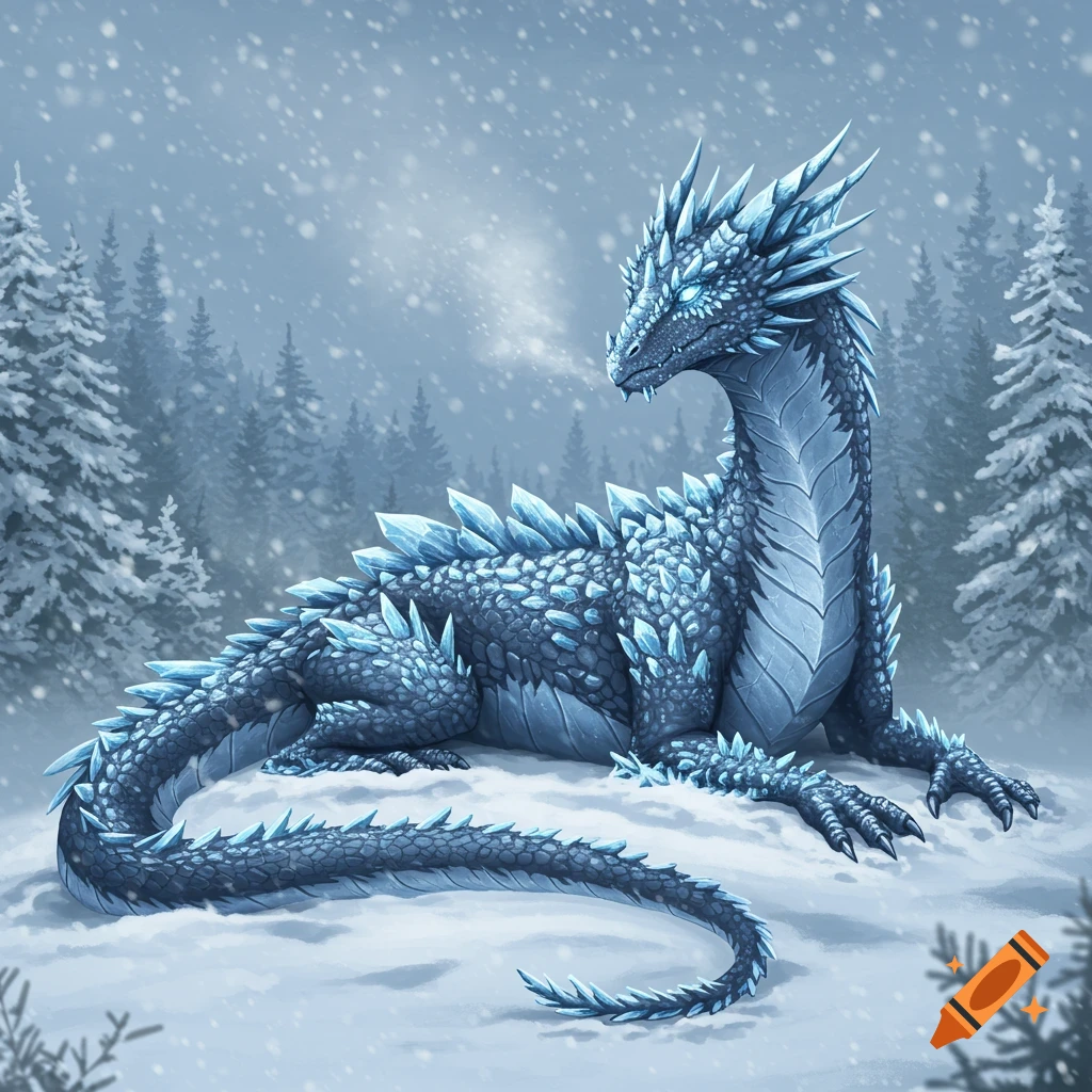 An icy blue dragon with sharp spikes and scales lies in a snowy forest during a snowfall, exhaling a frosty breath.