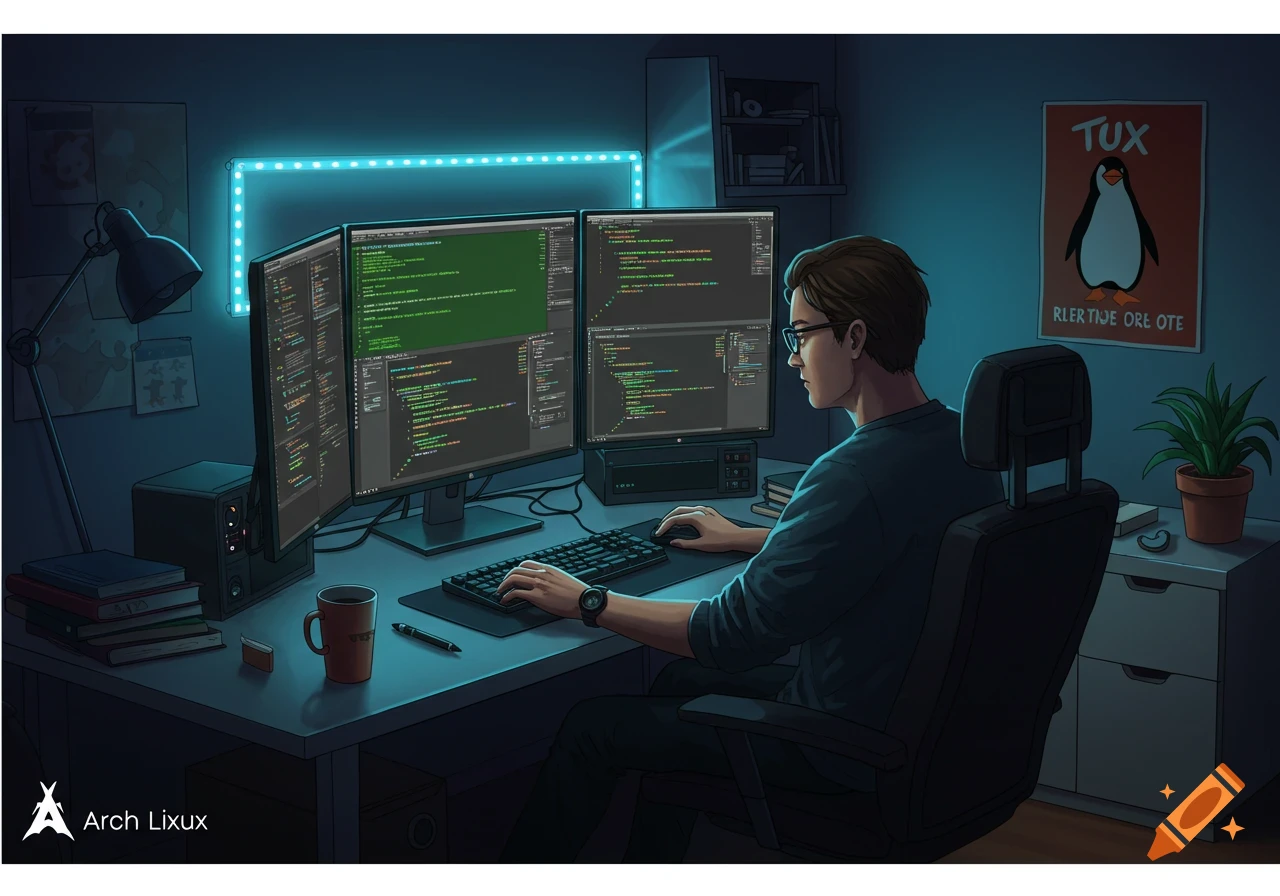 A man in glasses codes on multiple monitors at a desk in a dark room with a blue LED light strip and a Tux penguin poster.