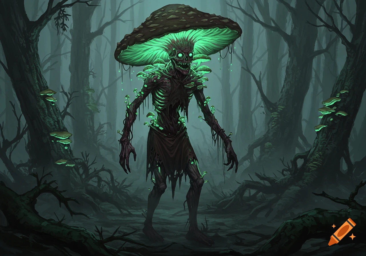A glowing green mushroom zombie stands in a dark, misty forest, illuminated by its own bioluminescence.