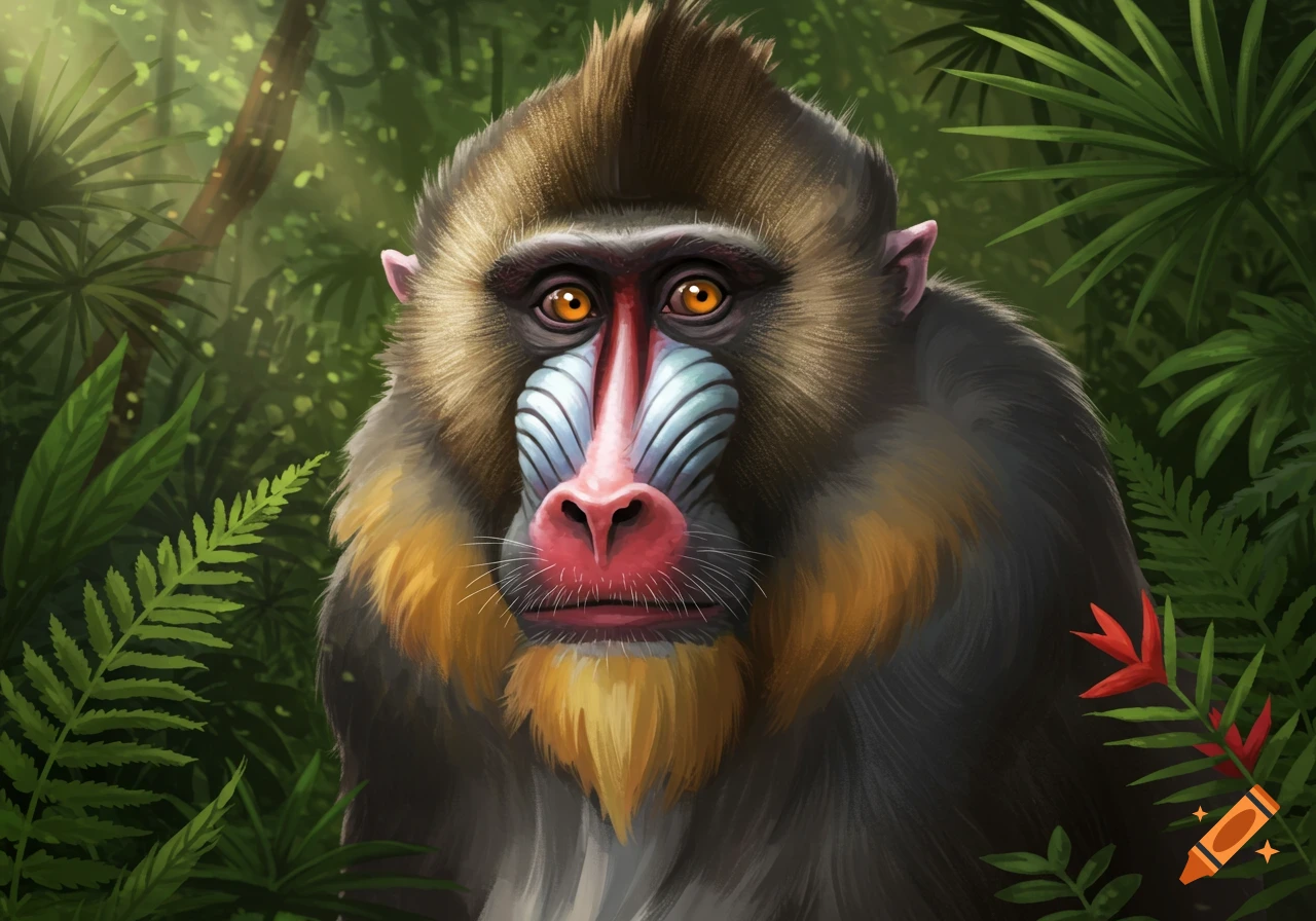 Close-up, detailed illustration of a mandrill's face with a red nose, blue ridges, and yellow fur, set in a lush green jungle.