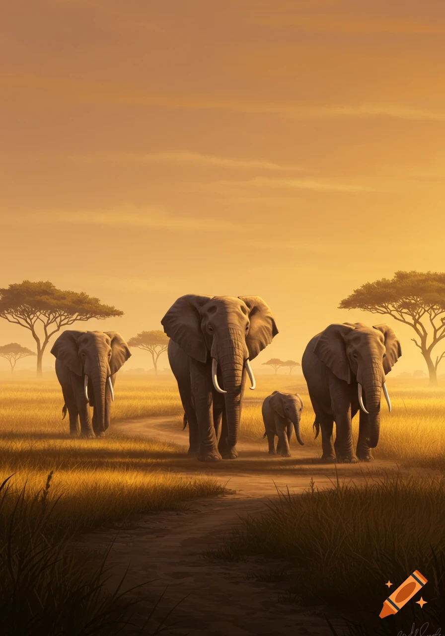An elephant family, including a calf, walks along a dirt path through tall savanna grass at sunset under an orange sky.