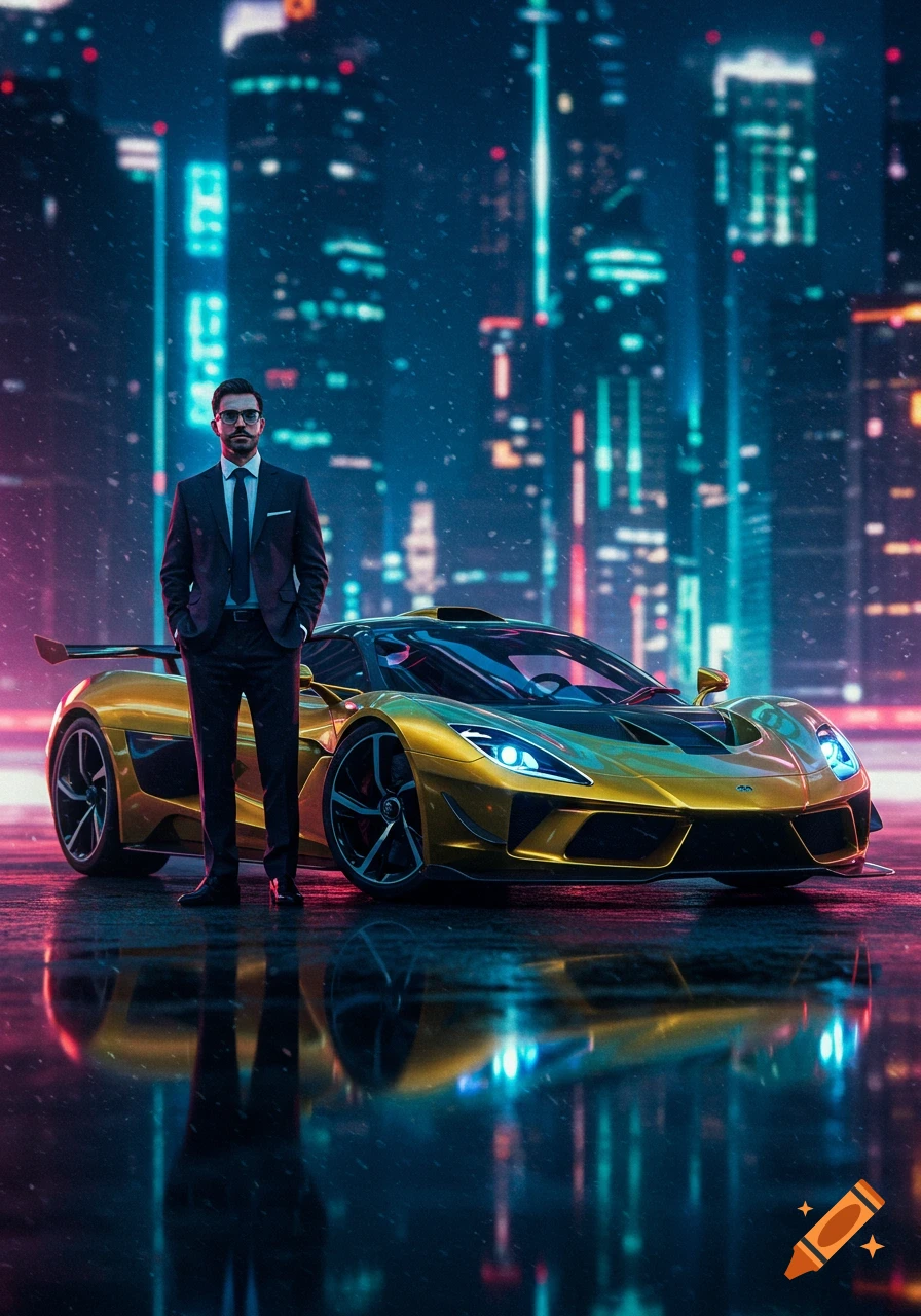 A man in a suit standing next to a golden hypercar on a wet city street at night with neon lights in the background.