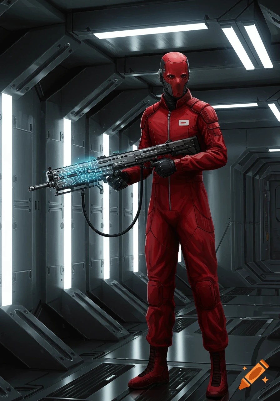 A masked agent in a red suit holds a futuristic experimental weapon in a dark, high-tech corridor.