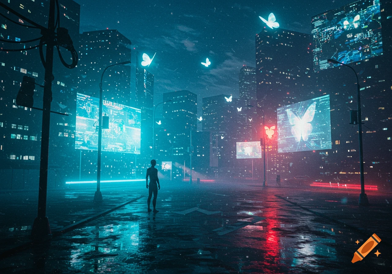 A skateboarder performs an ollie in a neon-lit, graffiti-covered cyberpunk  alley with wet streets reflecting lights. on Craiyon, image size:1280x896