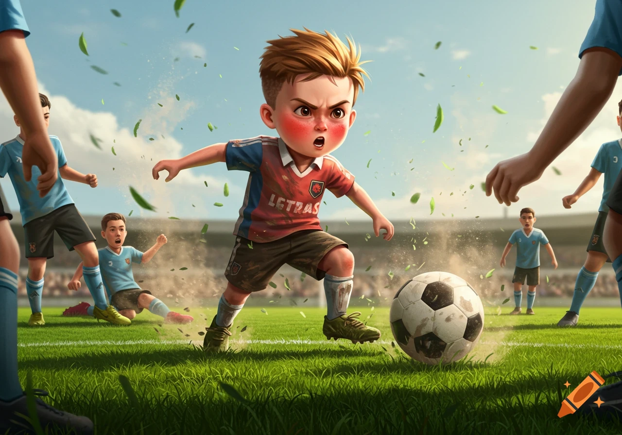 Cartoon boy with red cheeks aggressively dribbles a soccer ball on a green field during a match, with other players in blue uniforms visible.
