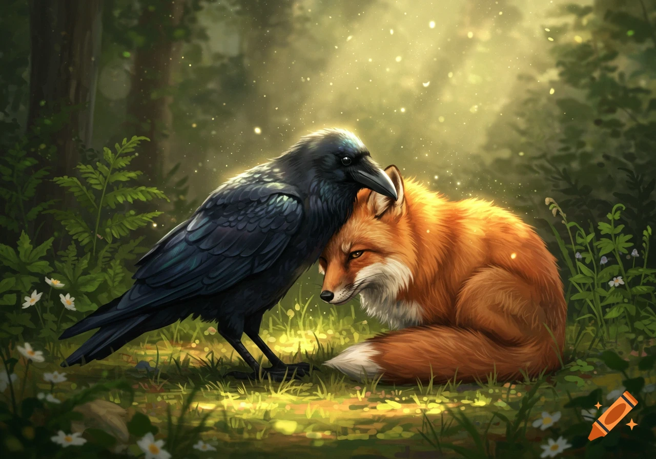 A stylized black raven nuzzling an orange fox in a magical, sunlit forest.