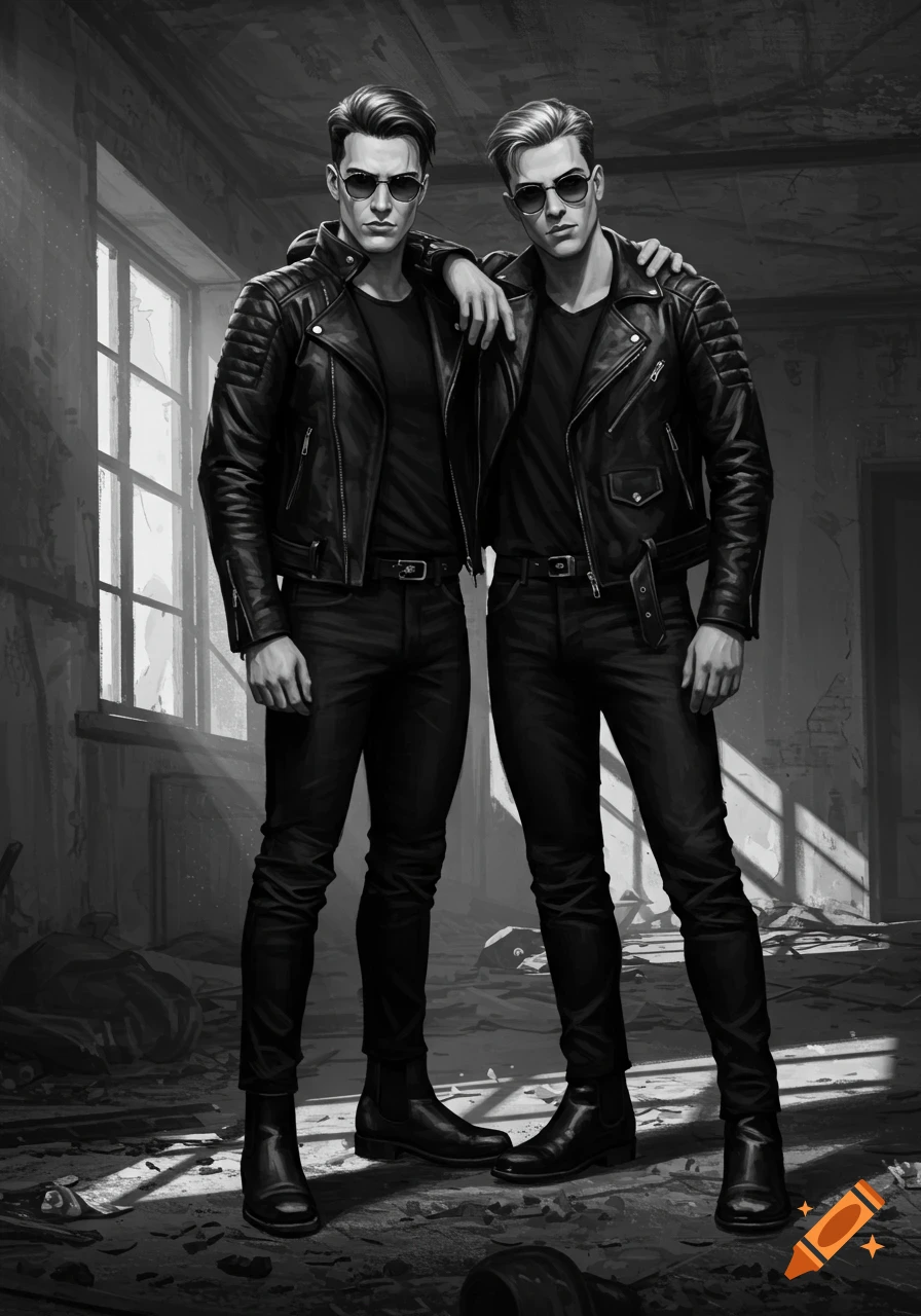 Two men in black leather jackets and sunglasses pose in a derelict, sunlit room, in a gritty black and white style.