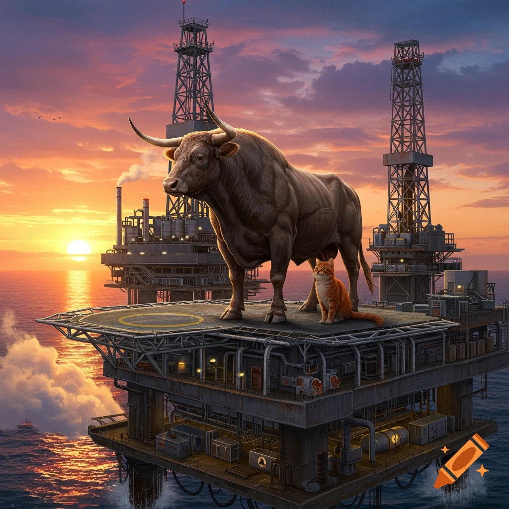 A majestic bull and a red cat stand on an oil rig in the ocean at sunset, with a vibrant sky.