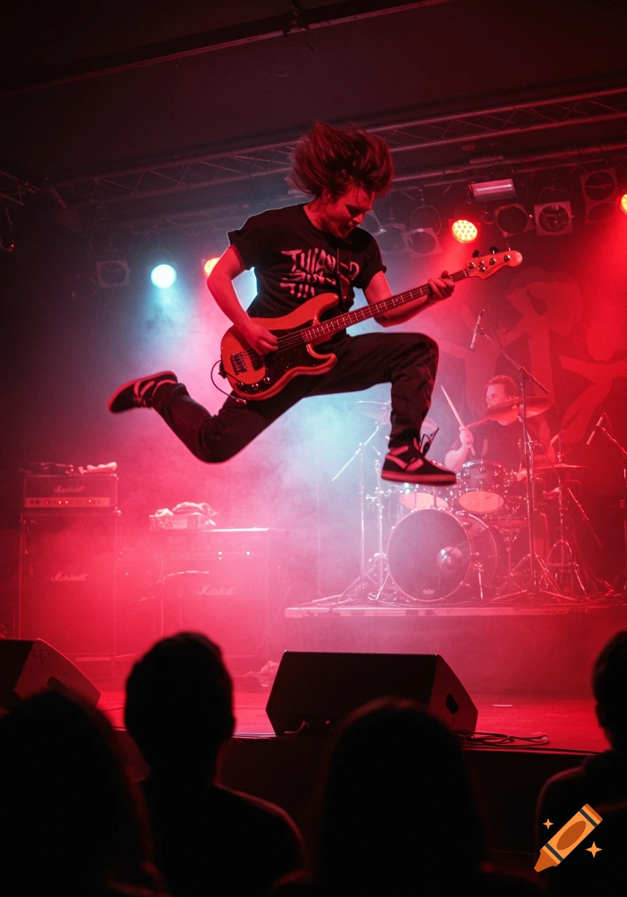 A bassist jumps high in the air on a smoky stage bathed in red and blue lights, playing a brown bass guitar, with a drummer visible in the background.