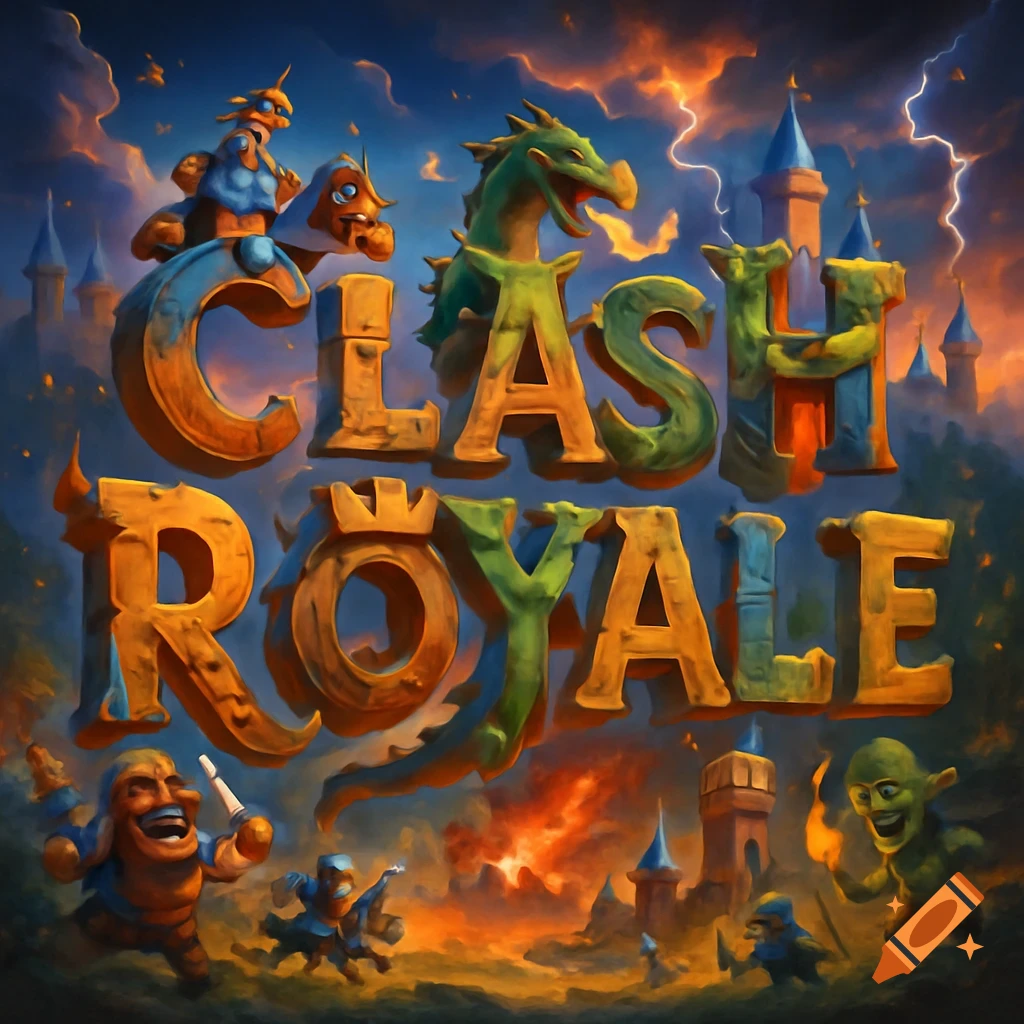 Stylized digital art depicting the words 'CLASH ROYALE' with game characters and castles under a stormy sky.